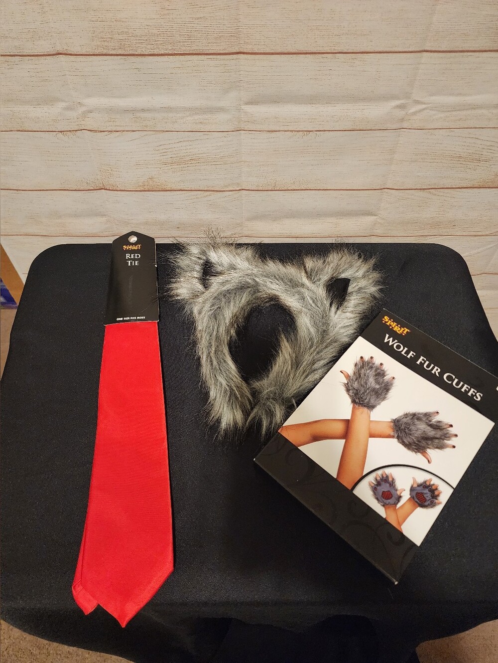 Spirit Red Tie with Gray Wolf Fur Ears and Cuffs